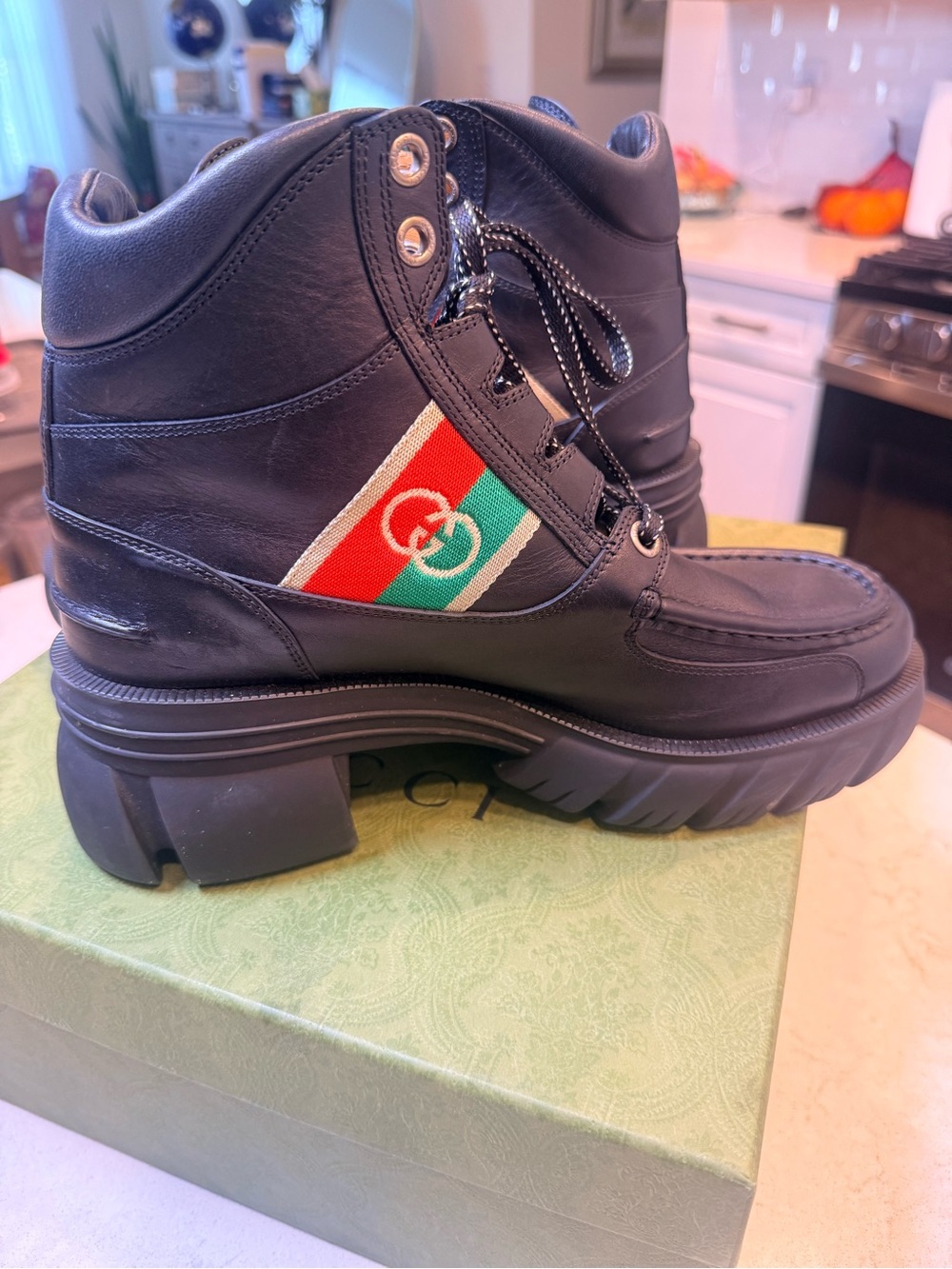 Gucci Brixton Black Leather Web Stripe Combat Boots Size 41.5